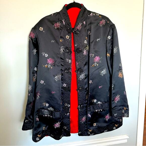 VTG Chinese soft satin brocade black/red reversable versatile jacket size L/XL - Picture 1 of 8